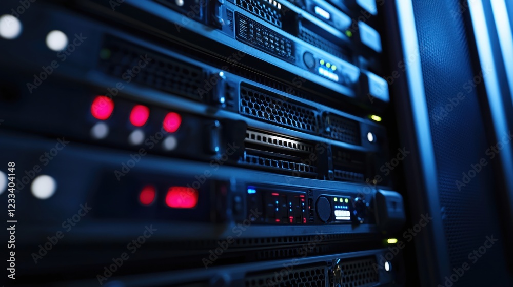 Poster server rack data center network technology blue light