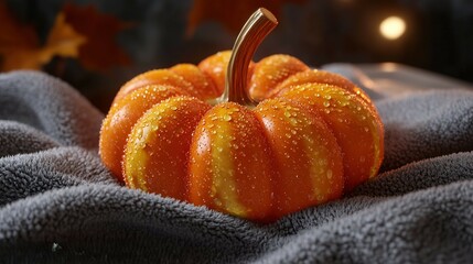 A glossy pumpkin rests on a luxurious gray towel, water droplets glistening under soft autumnal lighting, ideal for evoking cozy and soothing spa vibes