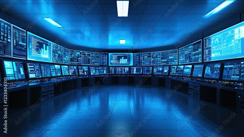 Poster Futuristic Control Room with Multiple Screens Displaying Data and Information in Blue Ambient Lighting