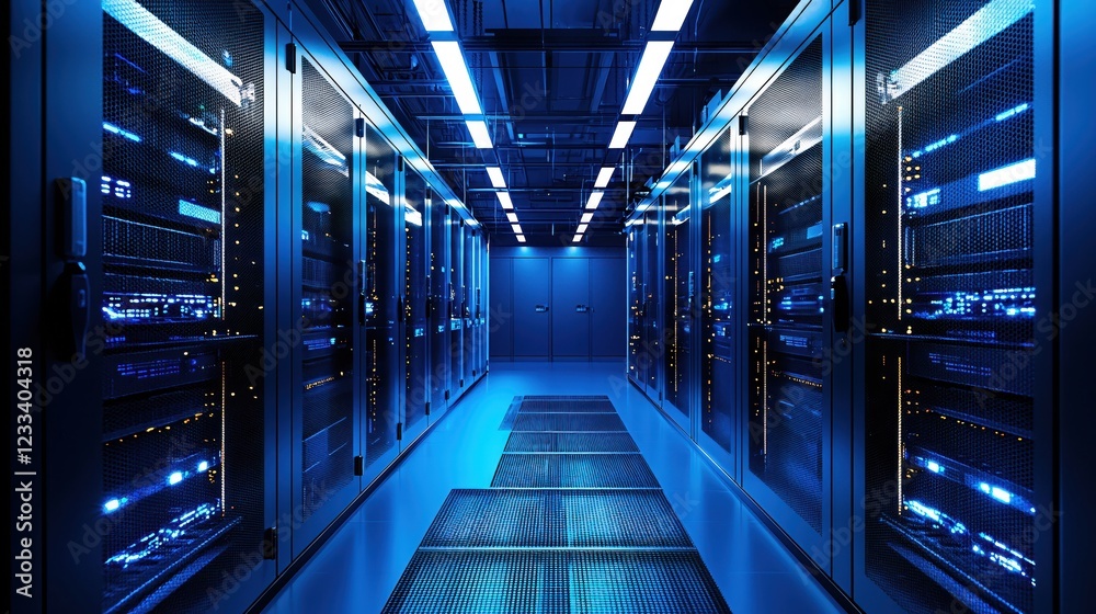 Poster modern data center server room technology network infrastructure blue lighting