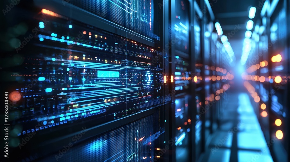 Poster futuristic server room data center network technology glow