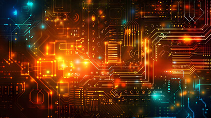 Obraz premium Abstract circuit board design with glowing lights and intricate patterns.