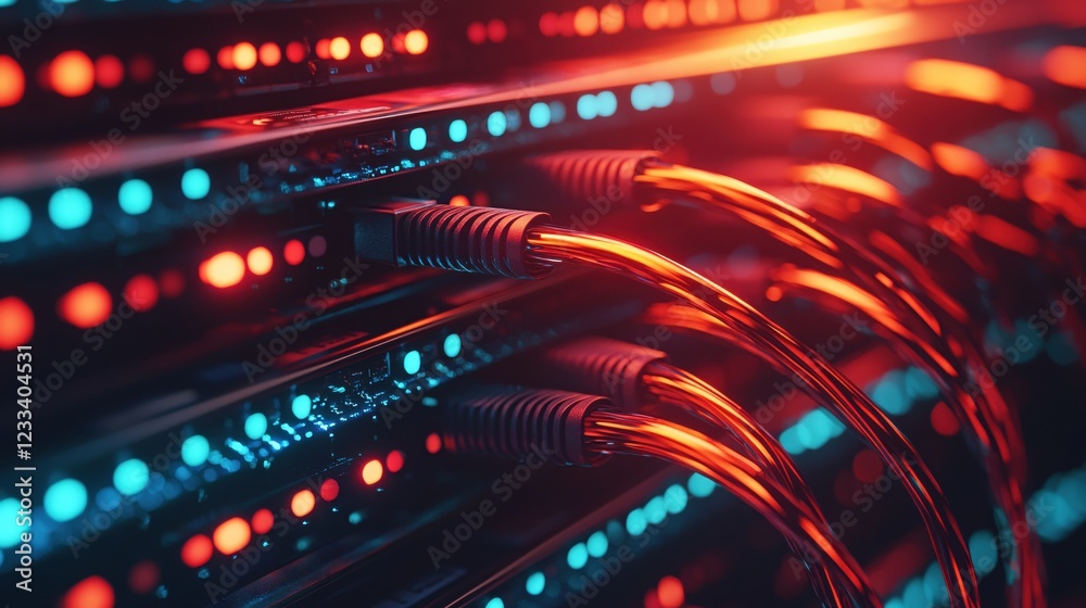 Poster network server cables data center technology abstract red blue glow