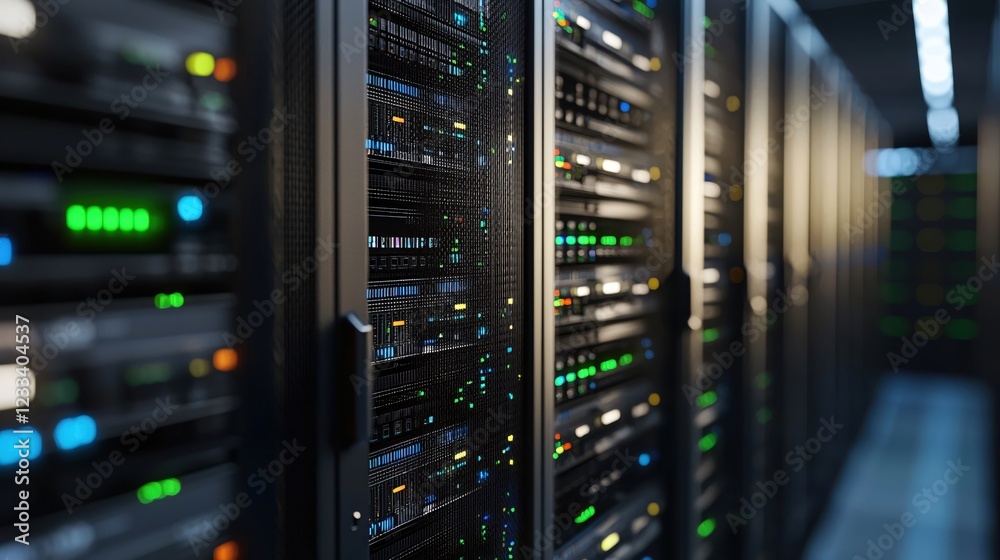 Poster modern data center server room technology infrastructure network