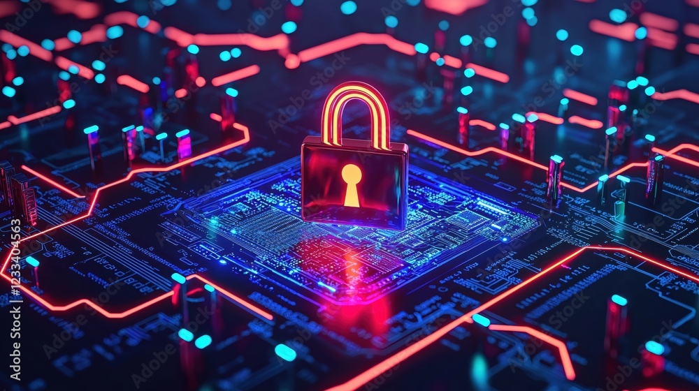 Poster cyber security digital lock neon circuit board technology