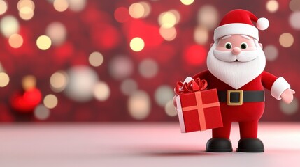 Fototapeta premium Whimsical Santa Claus Figure Holding a Gift Box with Bokeh Background