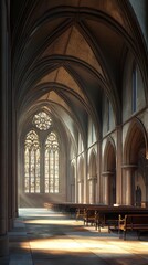 Fototapeta premium Sunlit cathedral aisle with stained glass