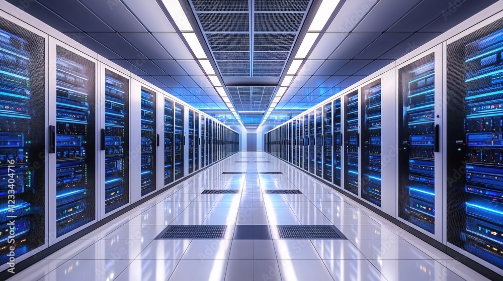 Poster modern data center server room corridor technology infrastructure