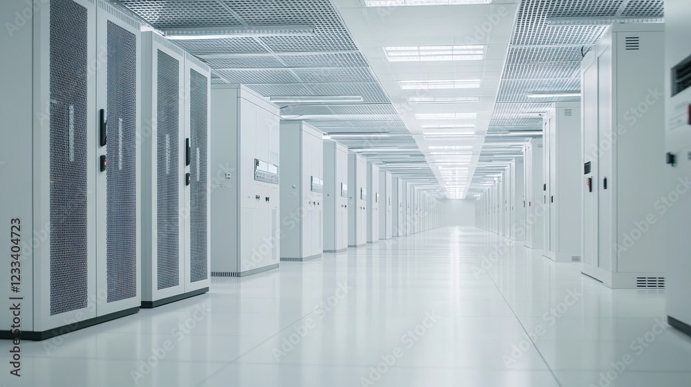Poster modern server room clean white corridor technology infrastructure data center