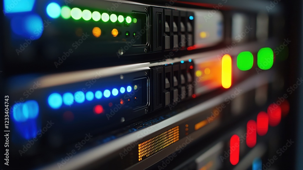 Poster Modern Server Rack Technology Colorful Lights Data Center Network