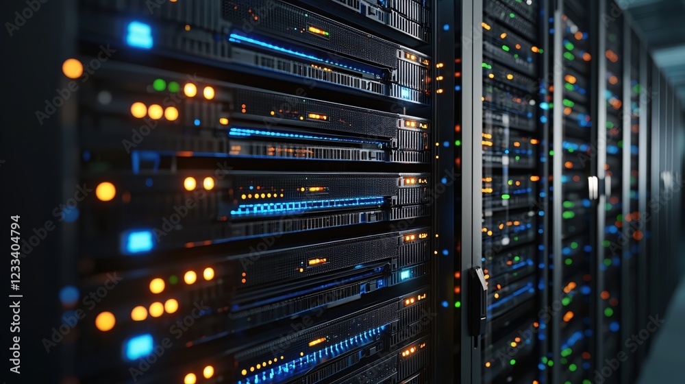 Poster modern data center server room technology network infrastructure