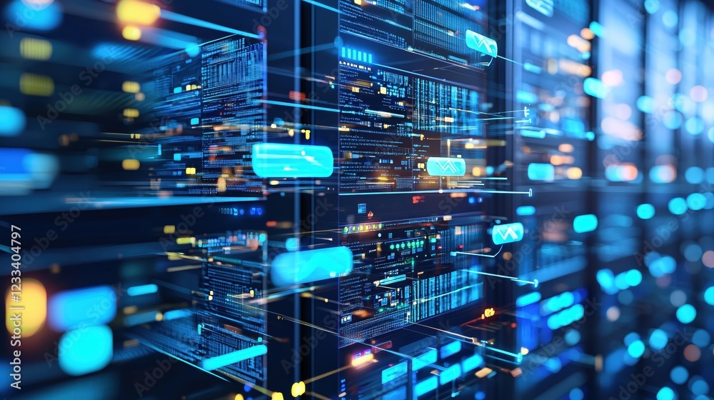 Aufkleber Futuristic Digital Server Room Data Streams Flowing Through Network