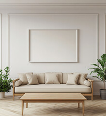 Fototapeta premium A large white picture frame hangs on the wall of an all-white living room. The picture inside is blank. The sofa and coffee table in front have beige cushions, with green plants next to them. 