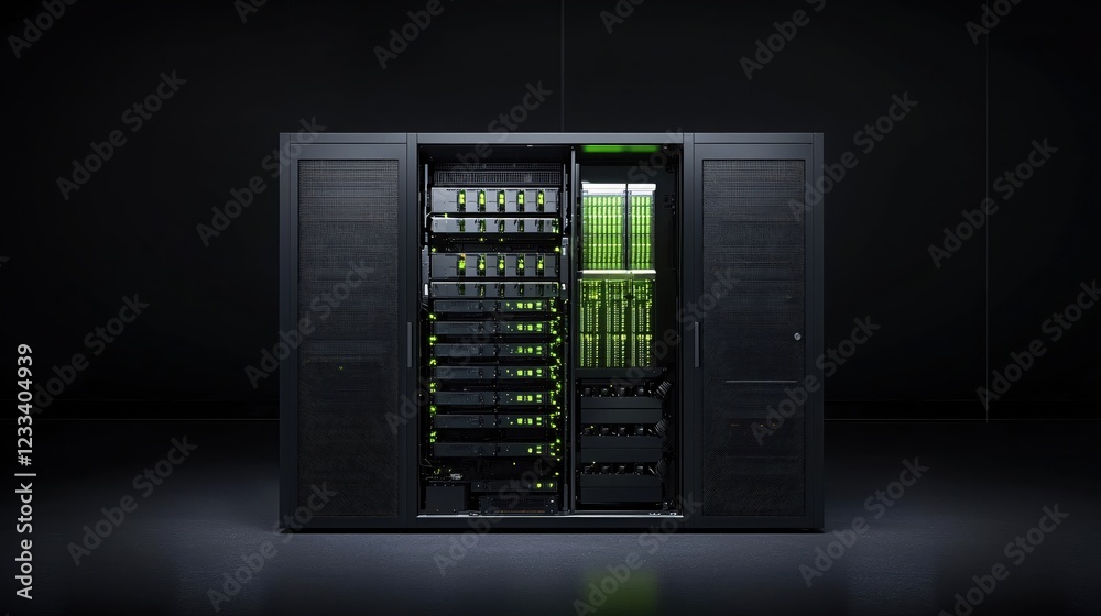 Poster modern server rack data center technology green light illuminated