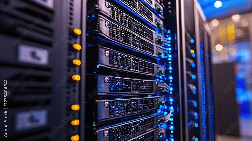 Poster modern data center server room technology blue lighting network infrastructure
