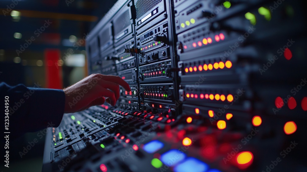 Poster Technician Hand Adjusting Server Rack Lights Network Technology Data Center