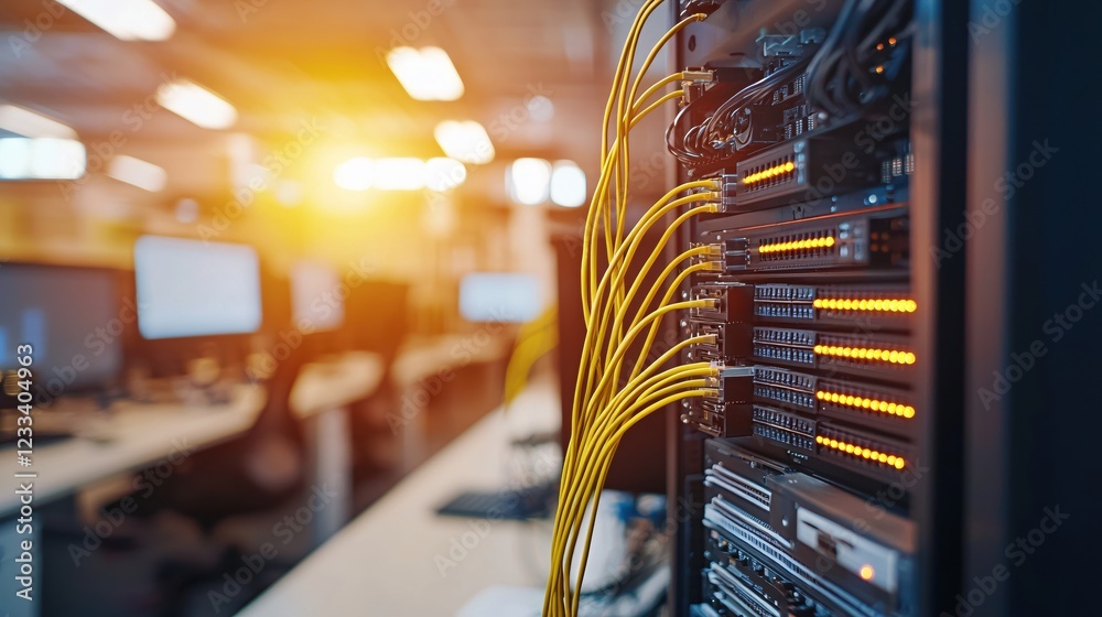 Aufkleber network server rack with yellow cables in modern office setting