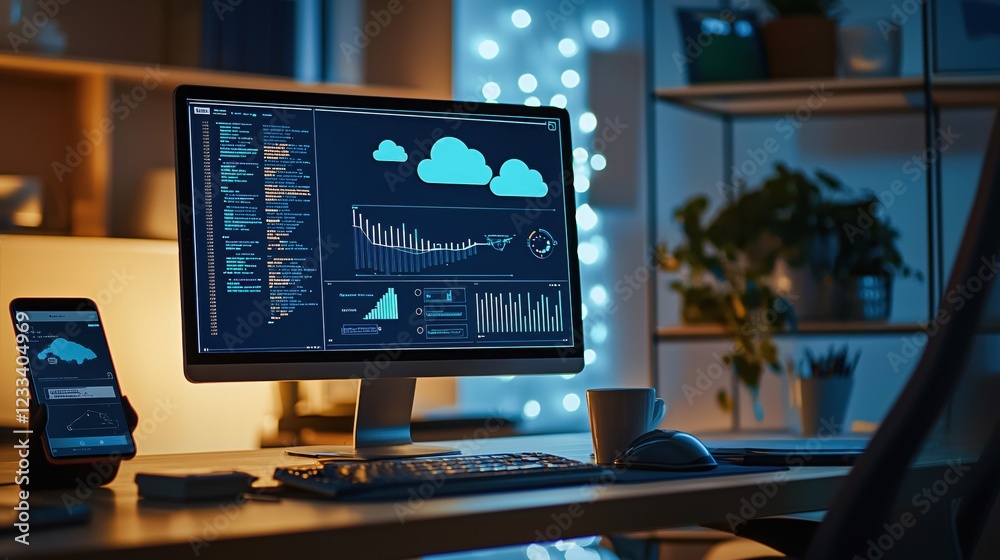Aufkleber modern workplace night scene cloud computing data analytics