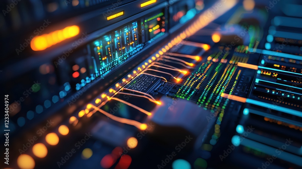 Poster futuristic technology server room network data center glow