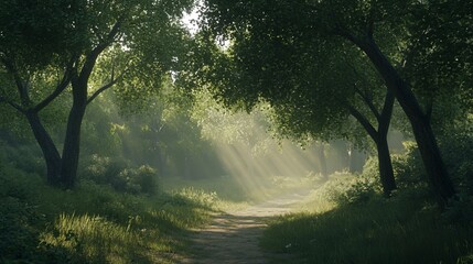 Obraz premium Sunbeams filter through the dense forest canopy illuminating a winding path