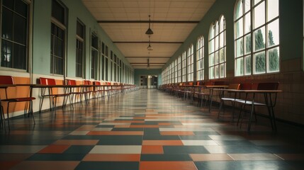 Abandoned classroom corridor with colorful tiled floor and empty chairs under soft lighting