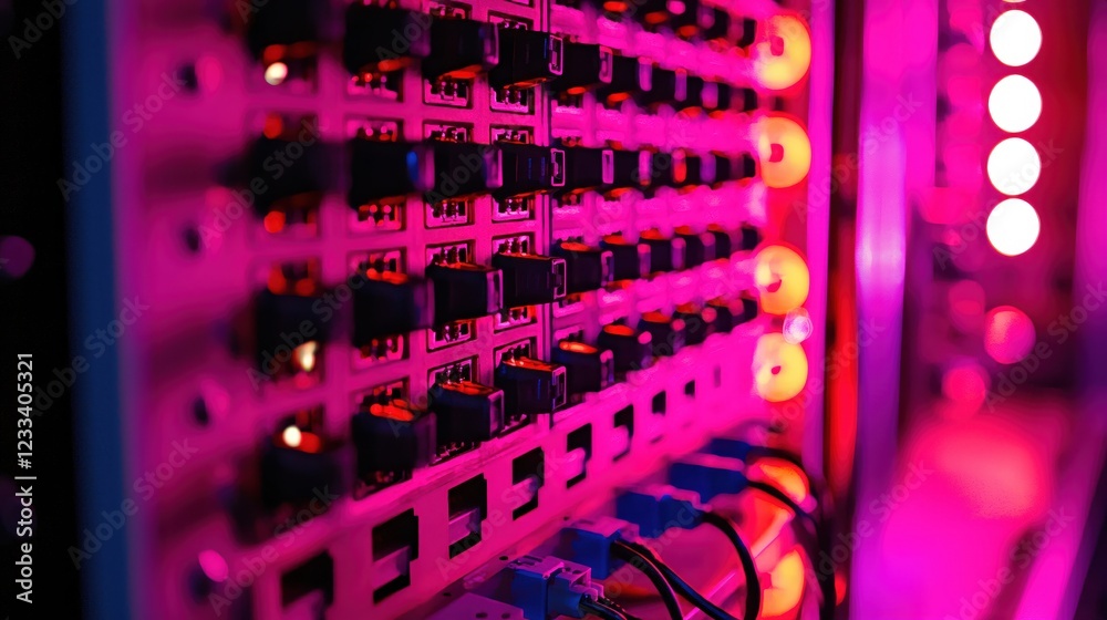 Poster vibrant pink network server rack closeup technology data center