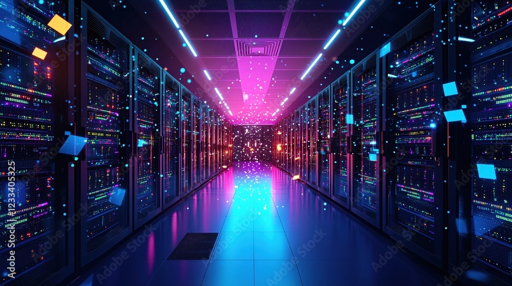 Poster neon lit server room digital data center network technology