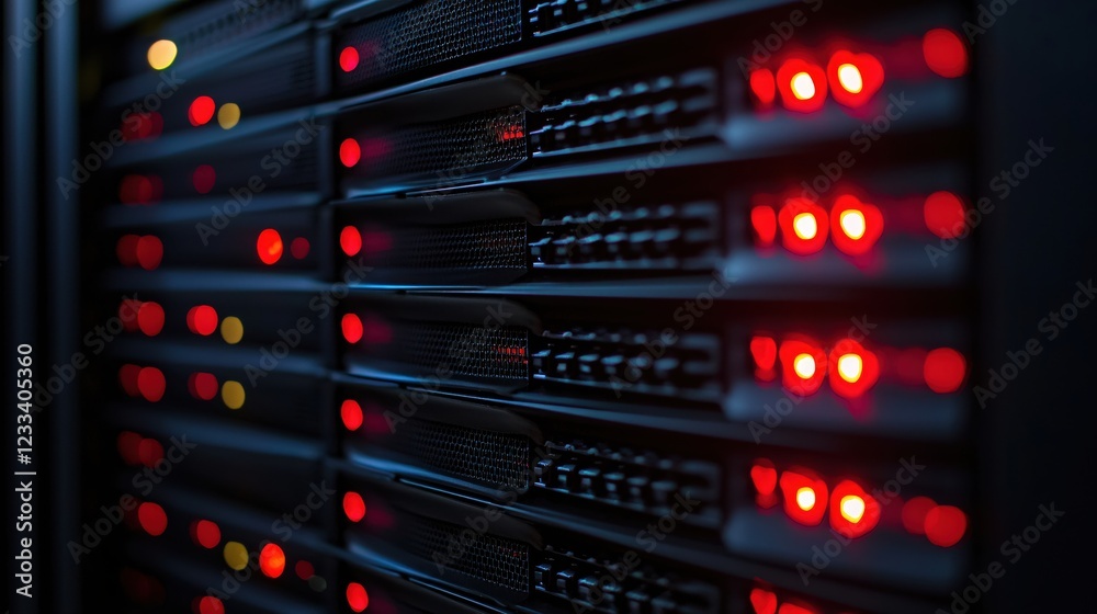 Poster Powerful Server Rack Data Center Technology Red Lights Network