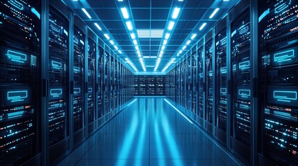 Futuristic Data Center Server Room Blue Light Technology