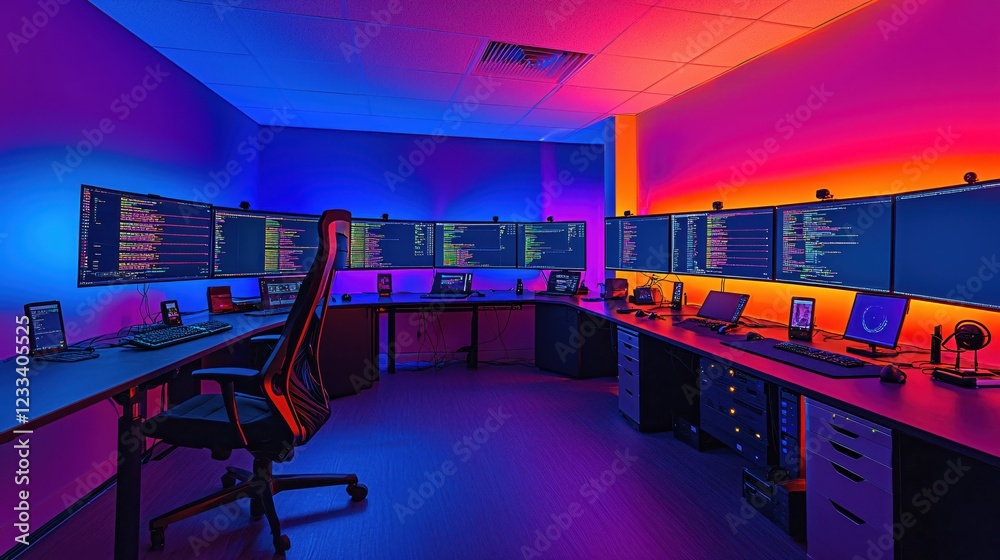 Poster vibrant neon lit tech office workspace modern coding studio