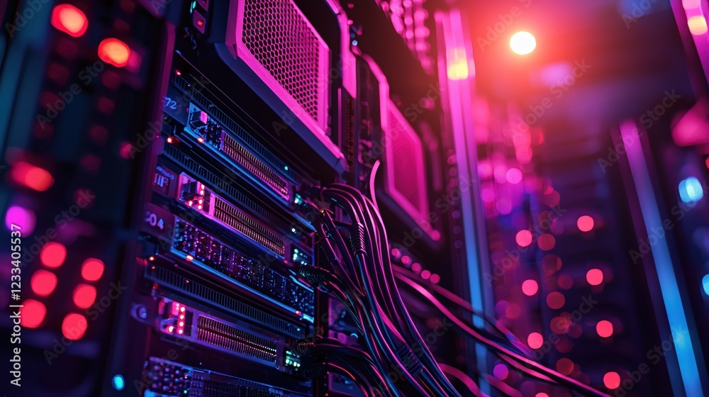 Poster vibrant neon server rack close up technology data center