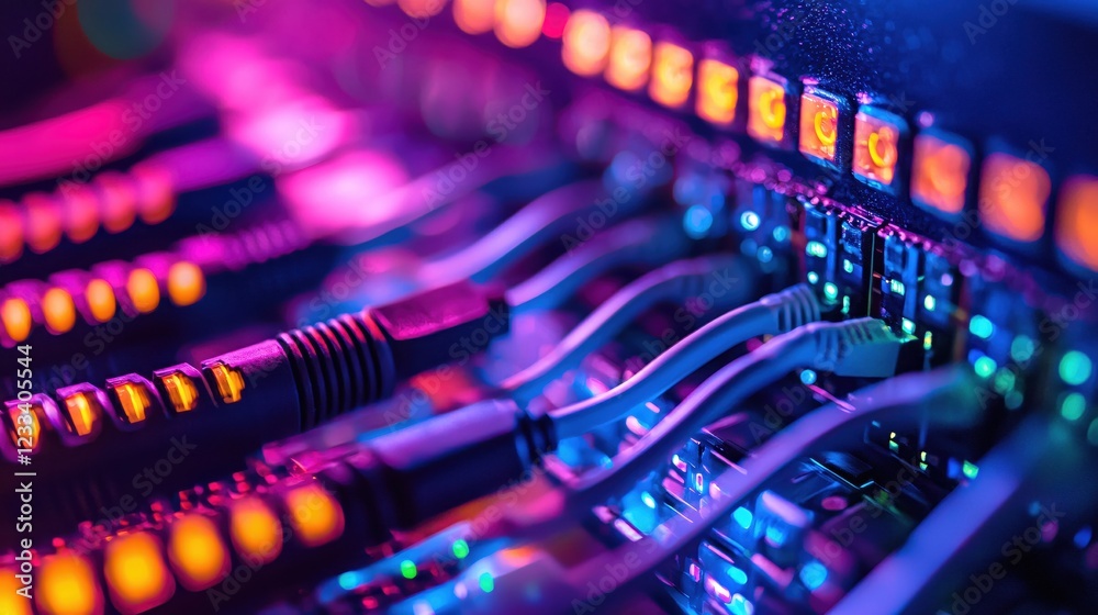 Poster vibrant network server close up data center technology cables lights