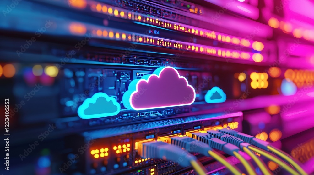 Poster Neon Cloud Server Network Technology Digital Data Center Infrastructure