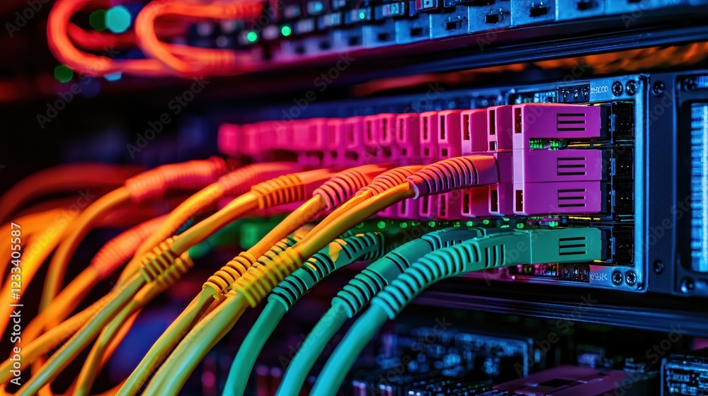 Poster vibrant network cables connected to server rack technology