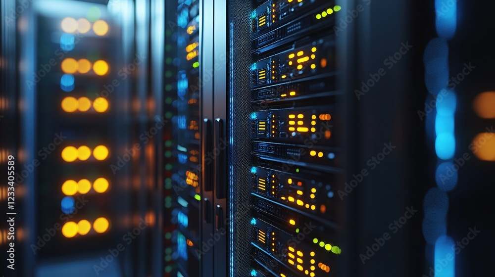 Poster Illuminated Server Racks in Modern Data Center Technology