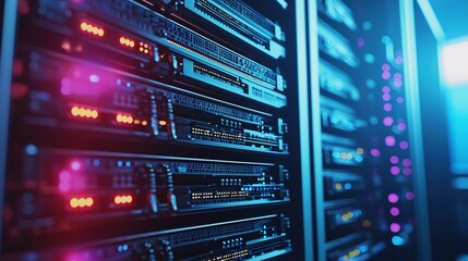 Obraz premium Powerful Network Servers Glowing in Vibrant Blue and Red Light Modern Data Center Technology