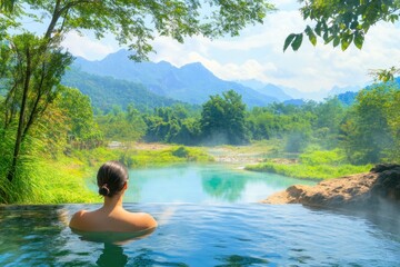 A woman enjoys the soothing waters of a natural hot spring while taking in breathtaking mountain views and a lush green forest