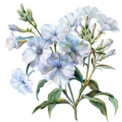 Watercolor White Phlox Isolated on White Background. Beautiful Phlox Flower