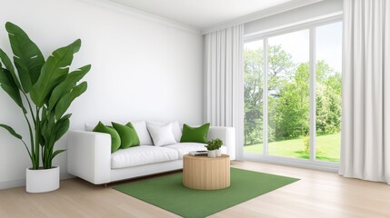 Bright and Airy Living Room with Green Accents and Nature View