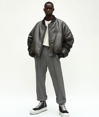A black male model wearing an oversized leather bomber jacket, baggy trousers and white t-shirt underneath, full body shot, standing straight with legs apart in front of a plain background. 