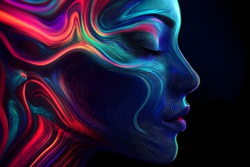 Abstract woman&rsquo;s face in side view rendered in a psychedelic art style