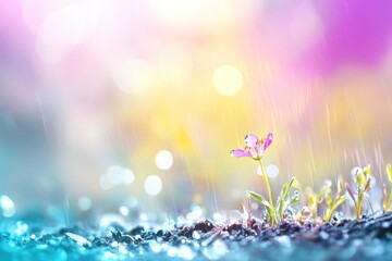 Obraz premium A small sprout thrives in damp soil under gentle rain, illuminated by a glowing, colorful backdrop, symbolizing new beginnings