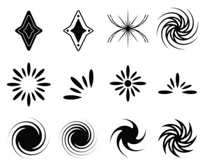 12 Abstract geometric shape pattern. Collection of different vector spiral, floral, diamond, twinkle symbol.  y2k style basic shapes geometric graphic elements.