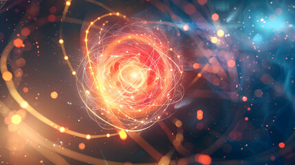 Fototapeta premium Abstract representation of atomic structure with glowing particles and swirling colors.