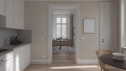 Elegant Modern Kitchen with Open Dining Area in Neutral Tones