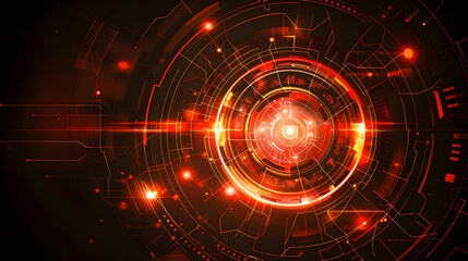 Fototapeta premium Abstract digital design featuring circular patterns and glowing lines in red and orange hues.
