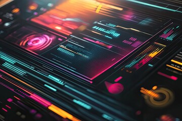Obraz premium Futuristic digital interface screen displaying data streams and graphs at night, used for technology presentations