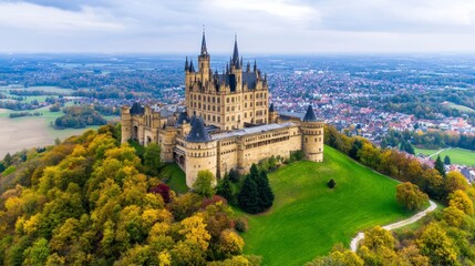 Majestic Castle Surrounded by Vibrant Autumn Foliage and Hills