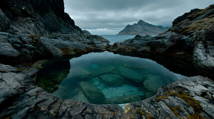 Fototapeta premium Coastal Rock Pool, Calm Waters, Mountain View, Travel Photography