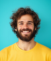 Obraz premium Portrait of a happy man with a beard and curly hair, smiling at the camera.